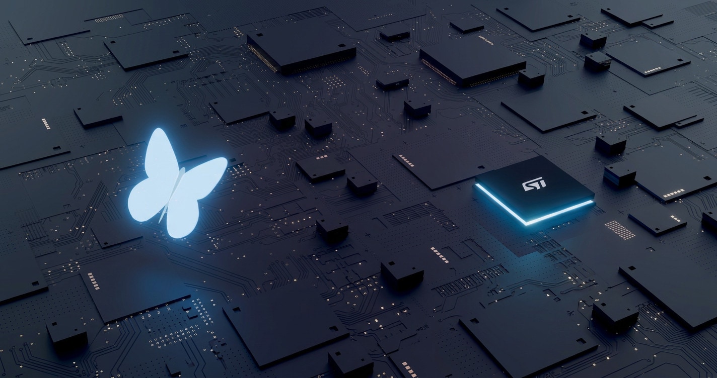 3D circuit render highlighting an ST microcontroller on one side and the STM32 butterfly logo on the other