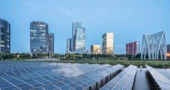 city skyline and solar panel 