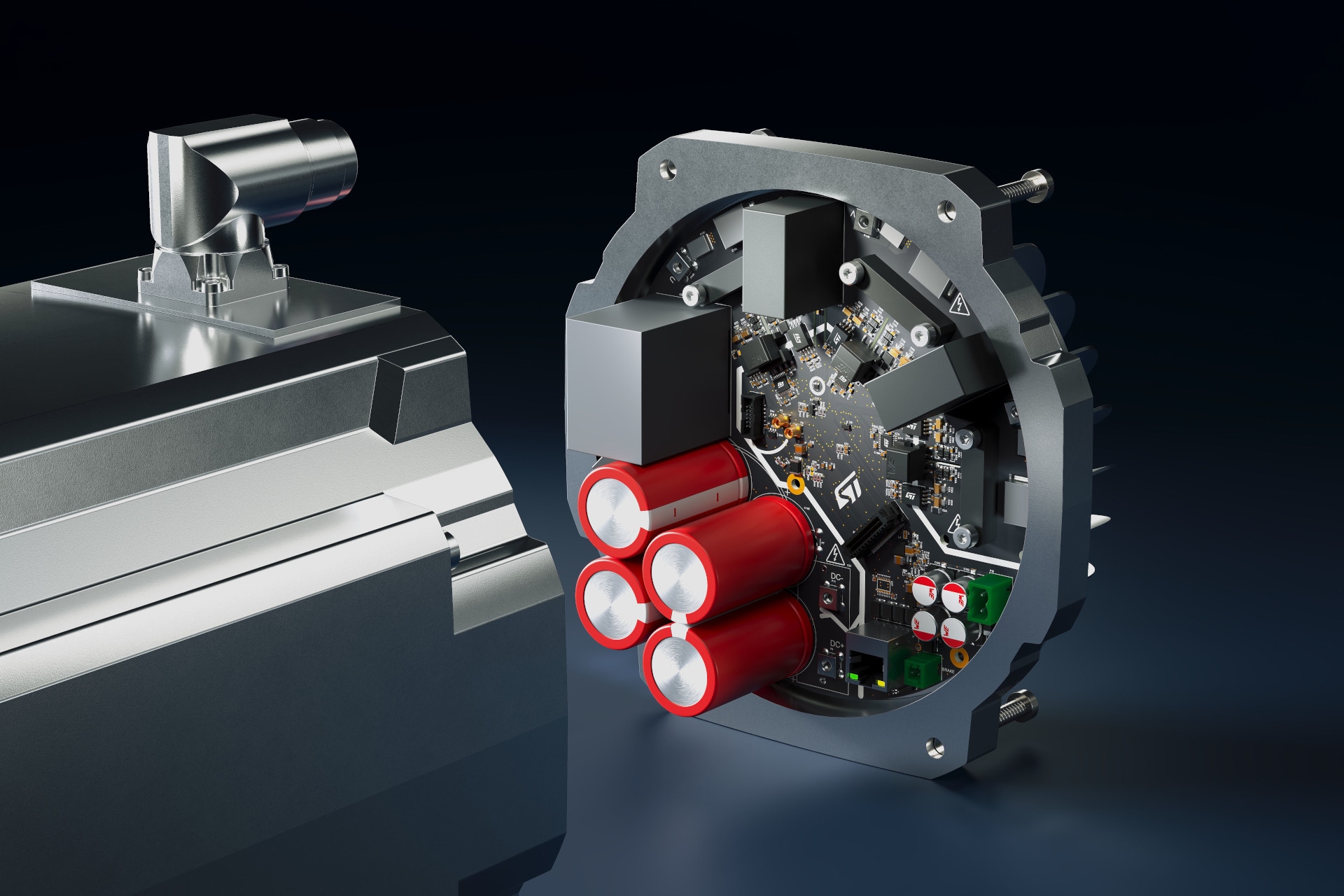 Servo motor rendering. opened to show drive system with ST power components