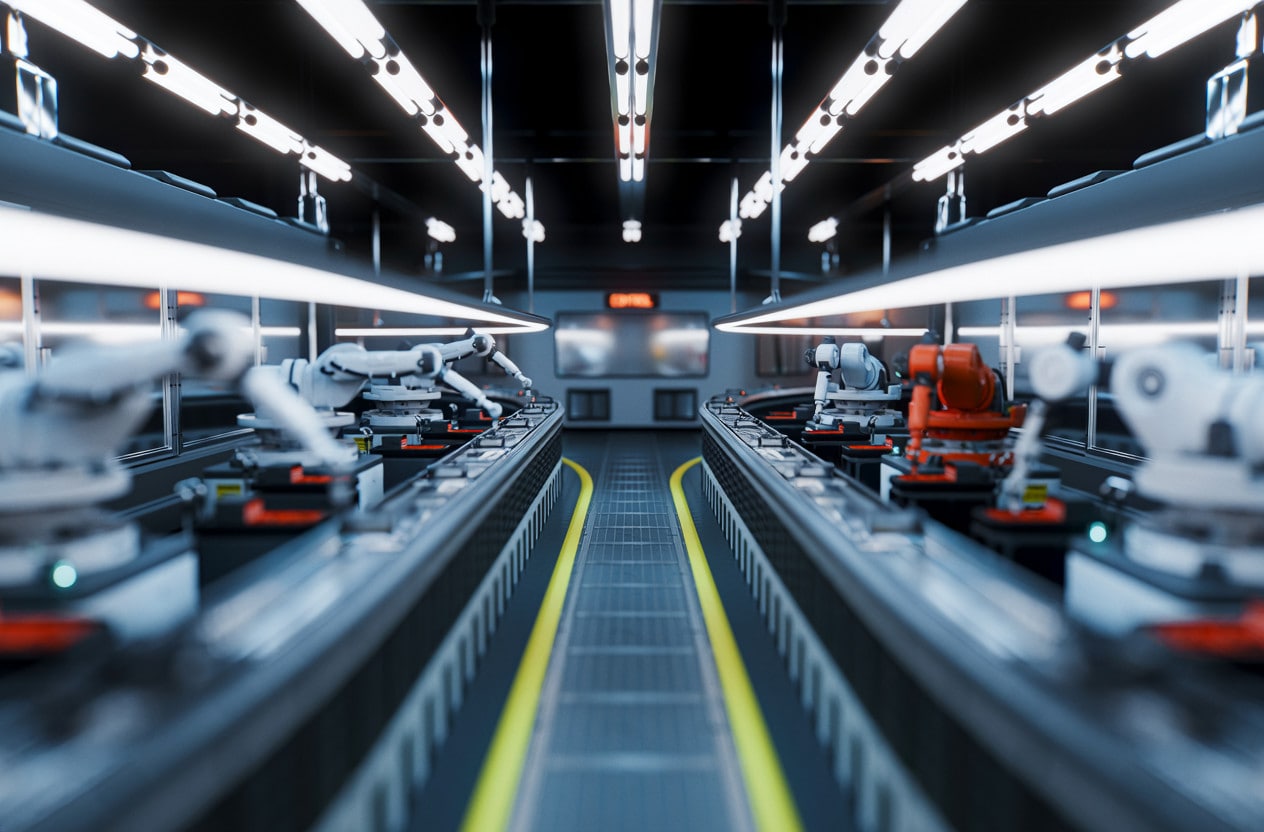 sleek, clean, production line with multiple robot arms
