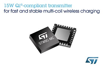 STマイクロエレクトロニクス、モバイル機器の高速かつ安定したワイヤレス充電を可能にするQi<sup>®</sup>準拠15Wマルチコイル対応の送電側ワイヤレス充電ICを発表