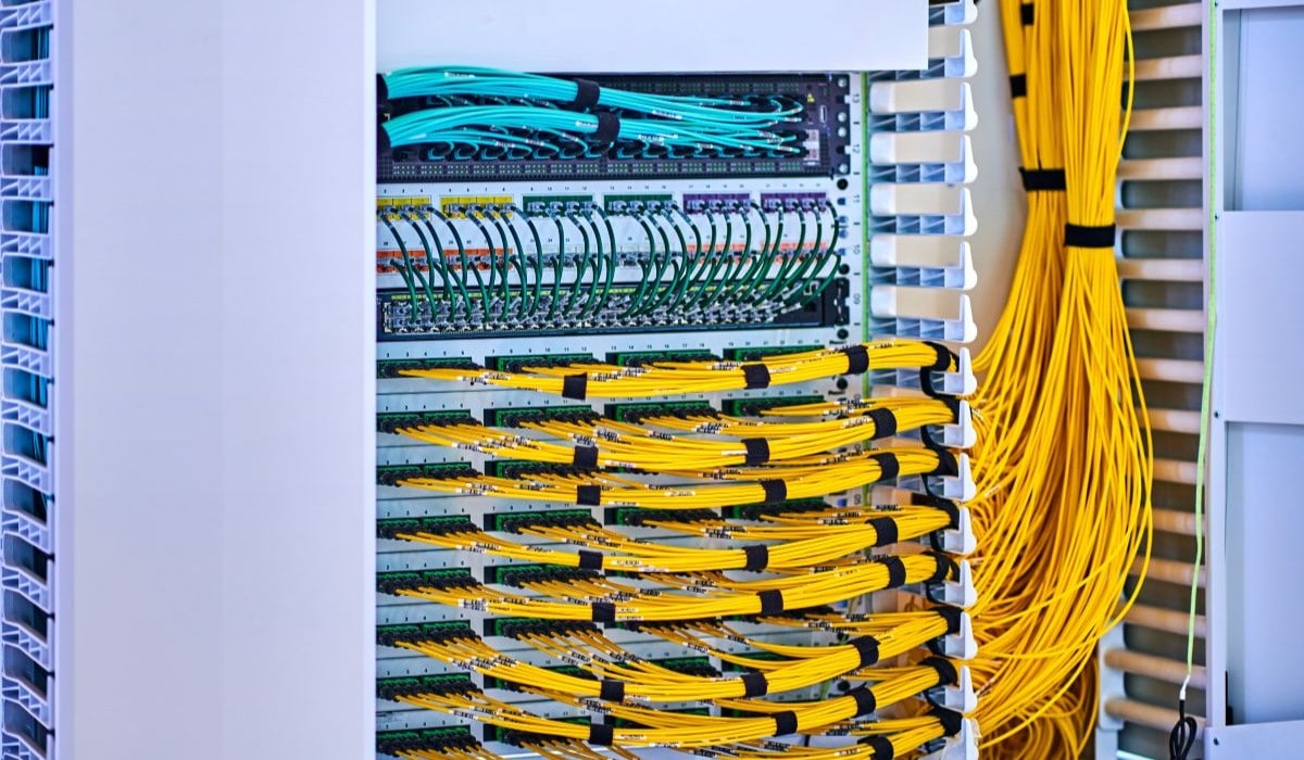 Fiber optic cables and network hardware in a server cabinet