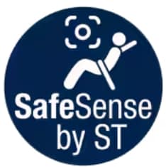 安全検出技術を表す人物とセンサーのアイコンが付いたSTのSafeSenseロゴ