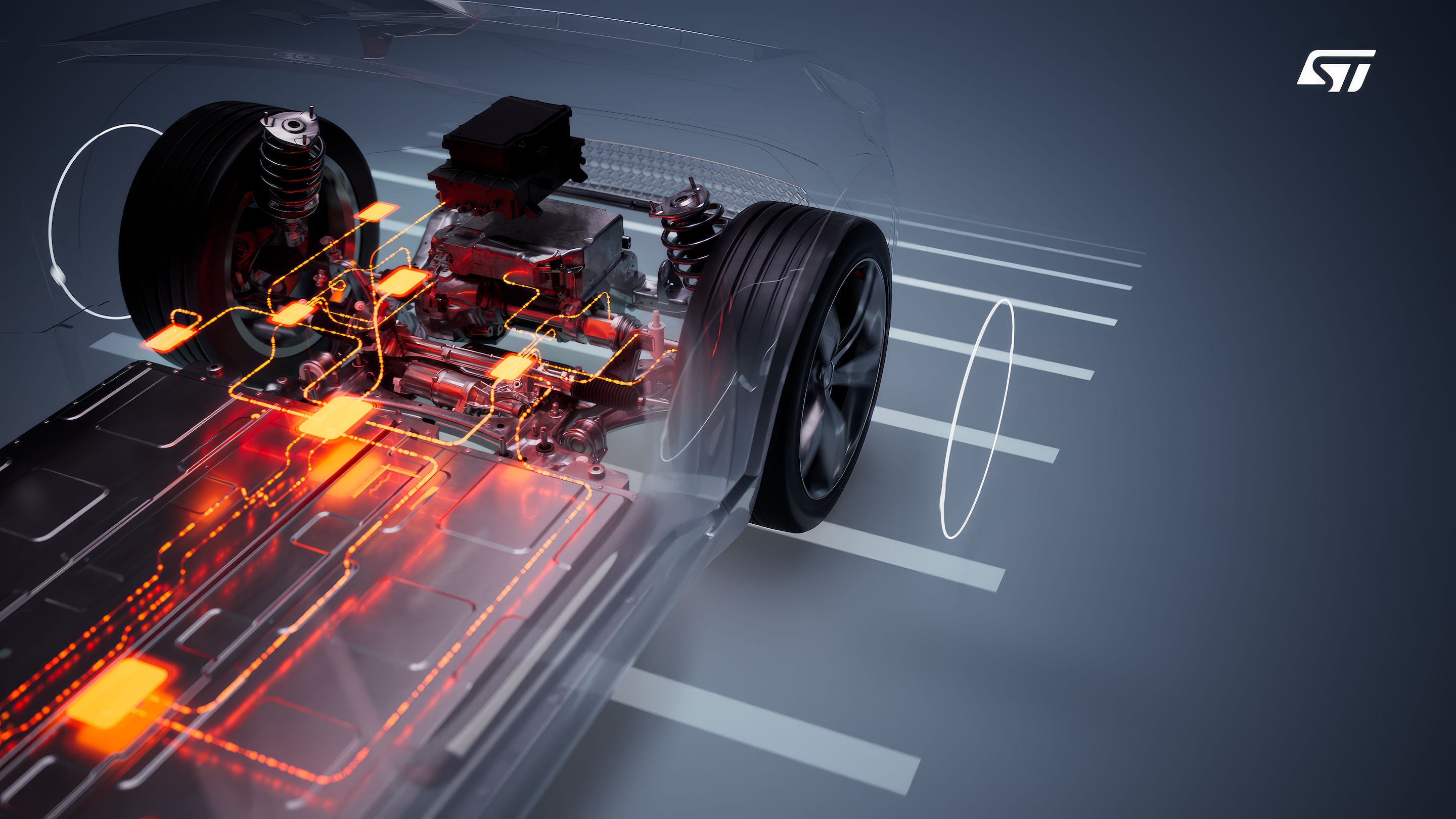 Transparent car chassis highlighting electronic components and wiring, with STMicroelectronics logo.