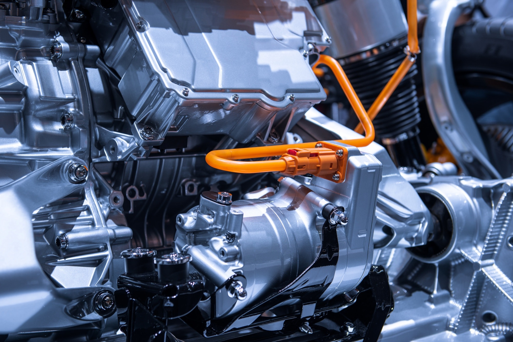 Chassis of the electric car with powertrain and power connections closeup.