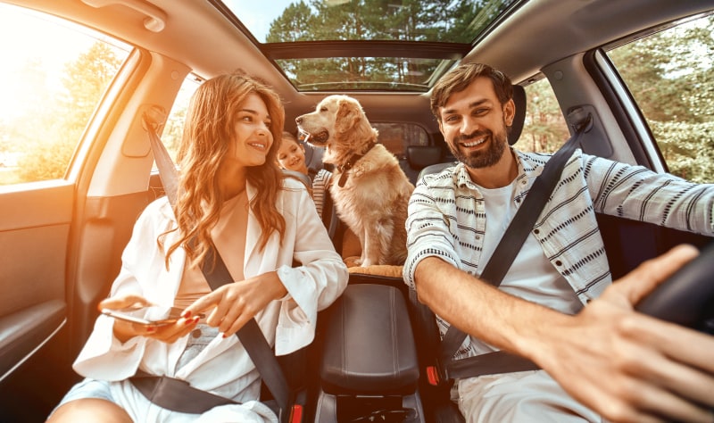 A family is seated inside a car with a dog in the back seat. 