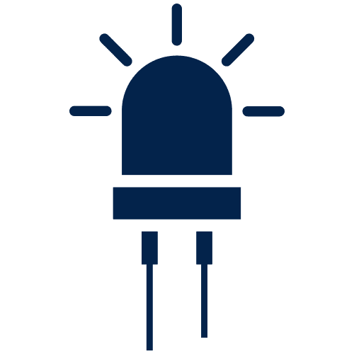 An icon of a light-emitting diode (LED) is depicted in dark blue.