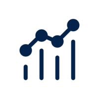 A dark blue icon representing a bar chart with four vertical bars of varying heights, connected by a line graph with circular data points. 