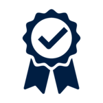A dark blue icon of an award ribbon featuring a circular badge with a checkmark in the center, symbolizing certification or approval. 