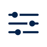 A dark blue icon featuring three horizontal sliders with circular knobs, representing adjustable settings or controls. 