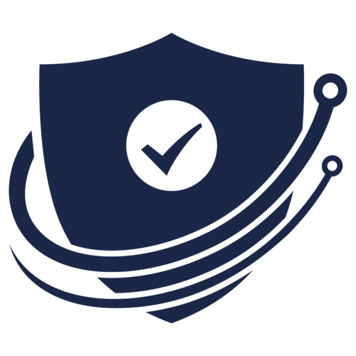 A dark blue icon of a shield with a checkmark in the center, surrounded by curved lines with circular endpoints, symbolizing security and protection. 