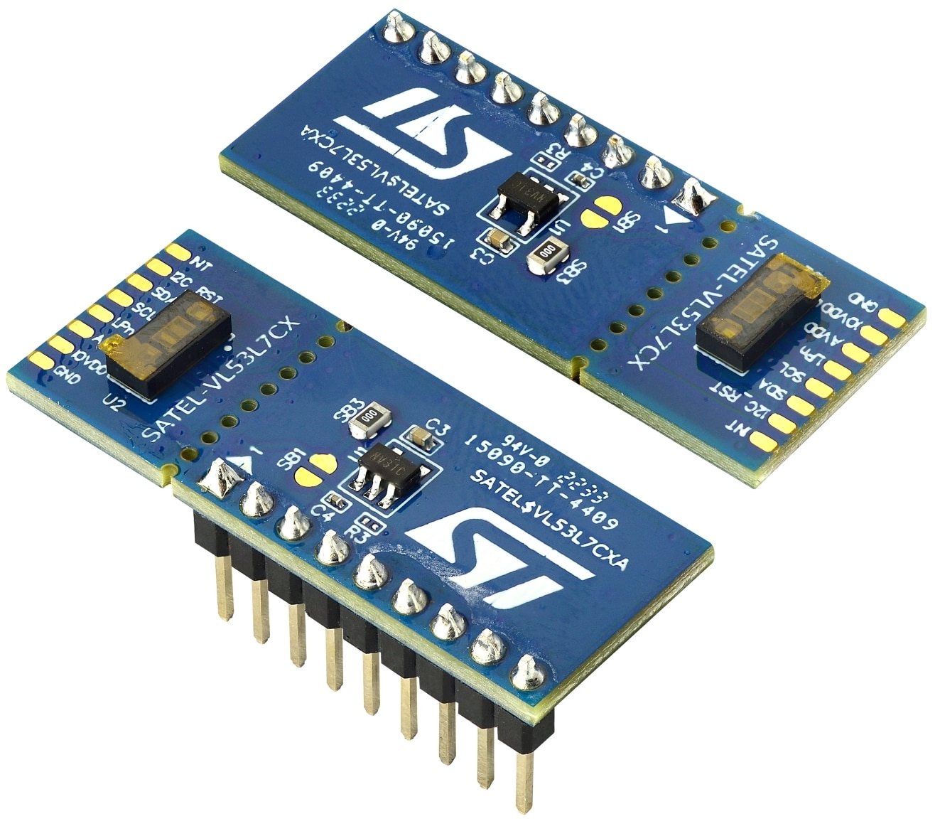 Two blue STMicroelectronics electronic modules with multiple pins and surface-mounted components, labeled SATEL-VLS31CX, shown from different angles.