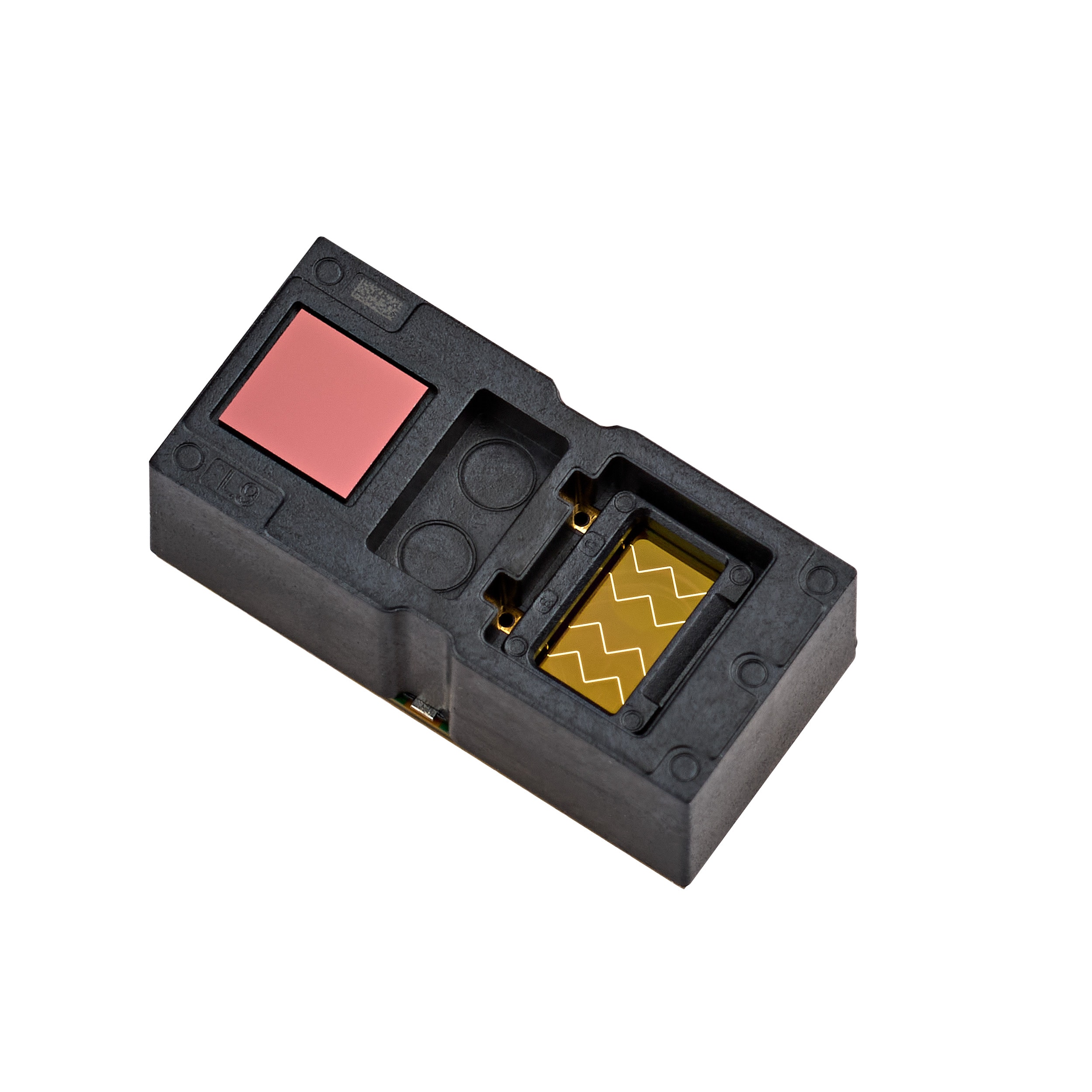 A close-up of a small rectangular image sensor