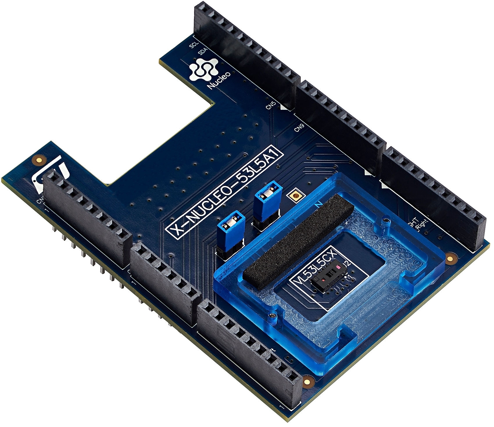 A close-up of a small rectangular image sensor