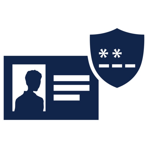 The image shows an icon of an identification card with a person’s silhouette and text lines, accompanied by a shield symbol.