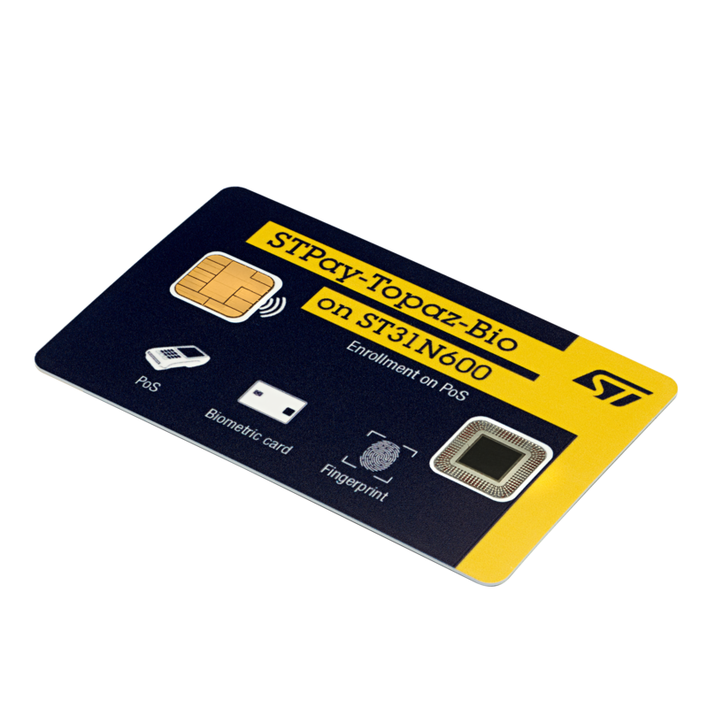 The image shows a small rectangular device labeled 'STPay-Topaz-Bio on ST31N600' by STMicroelectronics, featuring a chip.