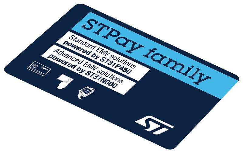 The image shows a small rectangular device labeled 'STPay family' by STMicroelectronics.
