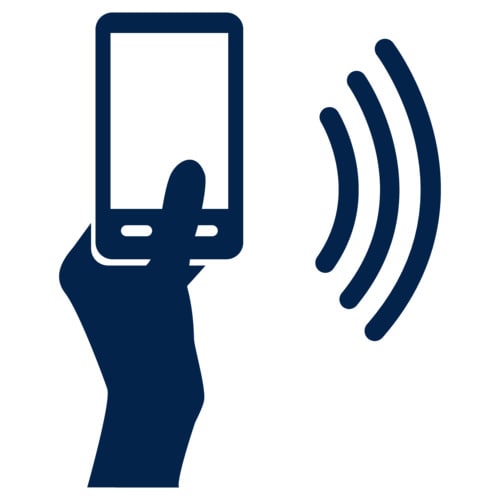  A dark blue icon of a hand holding a smartphone with wireless signal waves, symbolizing mobile communication or contactless interaction. 