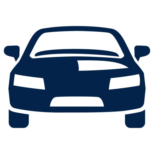 A dark blue front view icon of a car, representing an automobile 