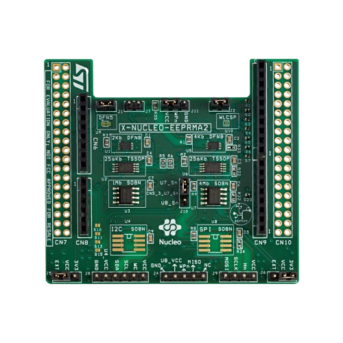 Green X-NUCLEO-EEPROM2 expansion board with multiple connectors, integrated circuits, and labeled test points, designed for memory evaluation and development.