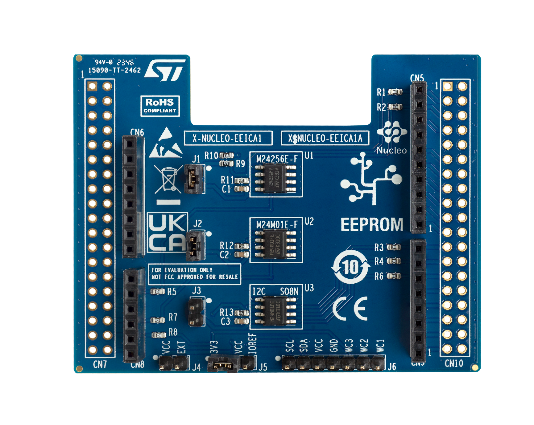 Blue X-NUCLEO-EEIC1A1 expansion board with multiple connectors, integrated circuits, and labeled components for EEPROM evaluation.