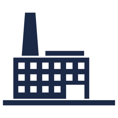 Icon of a factory building with a tall chimney and multiple windows. 