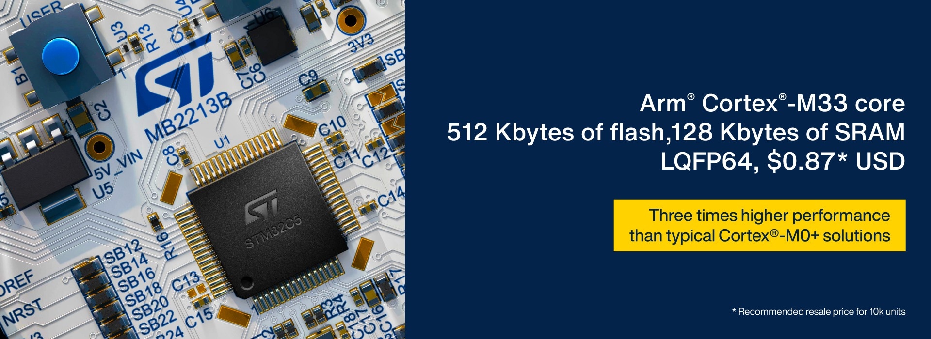  STM32C5 Arm Cortex‑M33 microcontroller highlighting memory, package, price, and 3x performance over typical Cortex‑M0+ solutions.