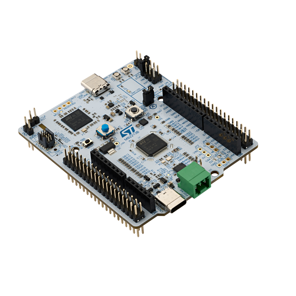 STM32 evaluation board with pin headers and USB connector, angled view.
