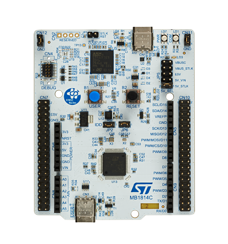 Top view of an STMicroelectronics STM32 Nucleo development board.