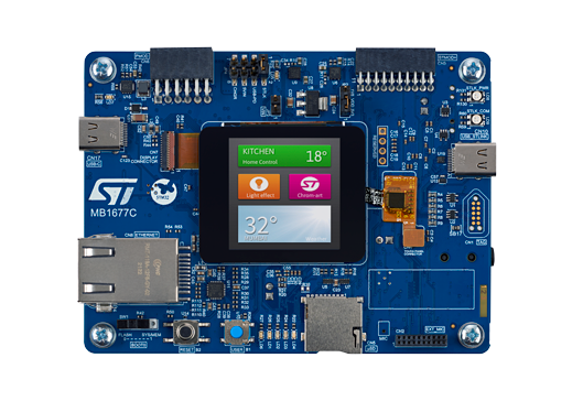STMicroelectronics blue evaluation board with a small color display.
