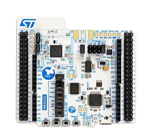 STM32 development board with headers, microcontroller, buttons, and connectors.