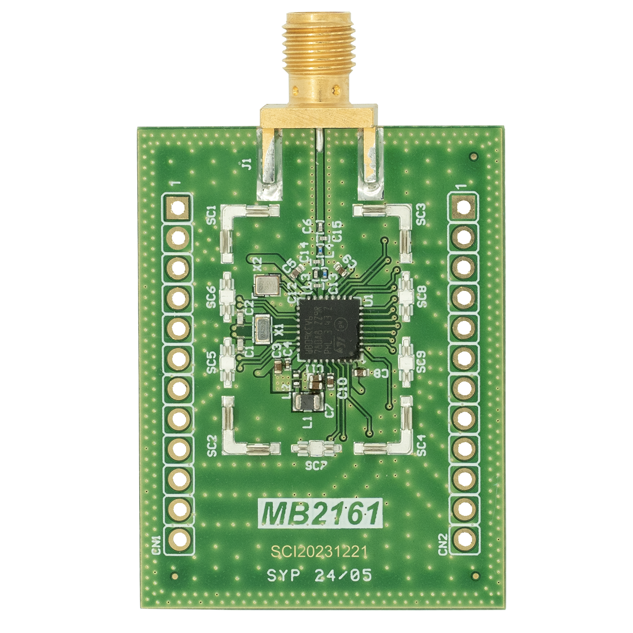 STMicroelectronics green circuit board with integrated chip and gold SMA connector.