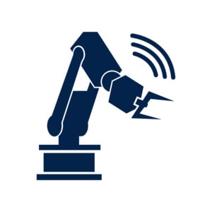 icon of an industrial robotic arm with wireless signal waves
