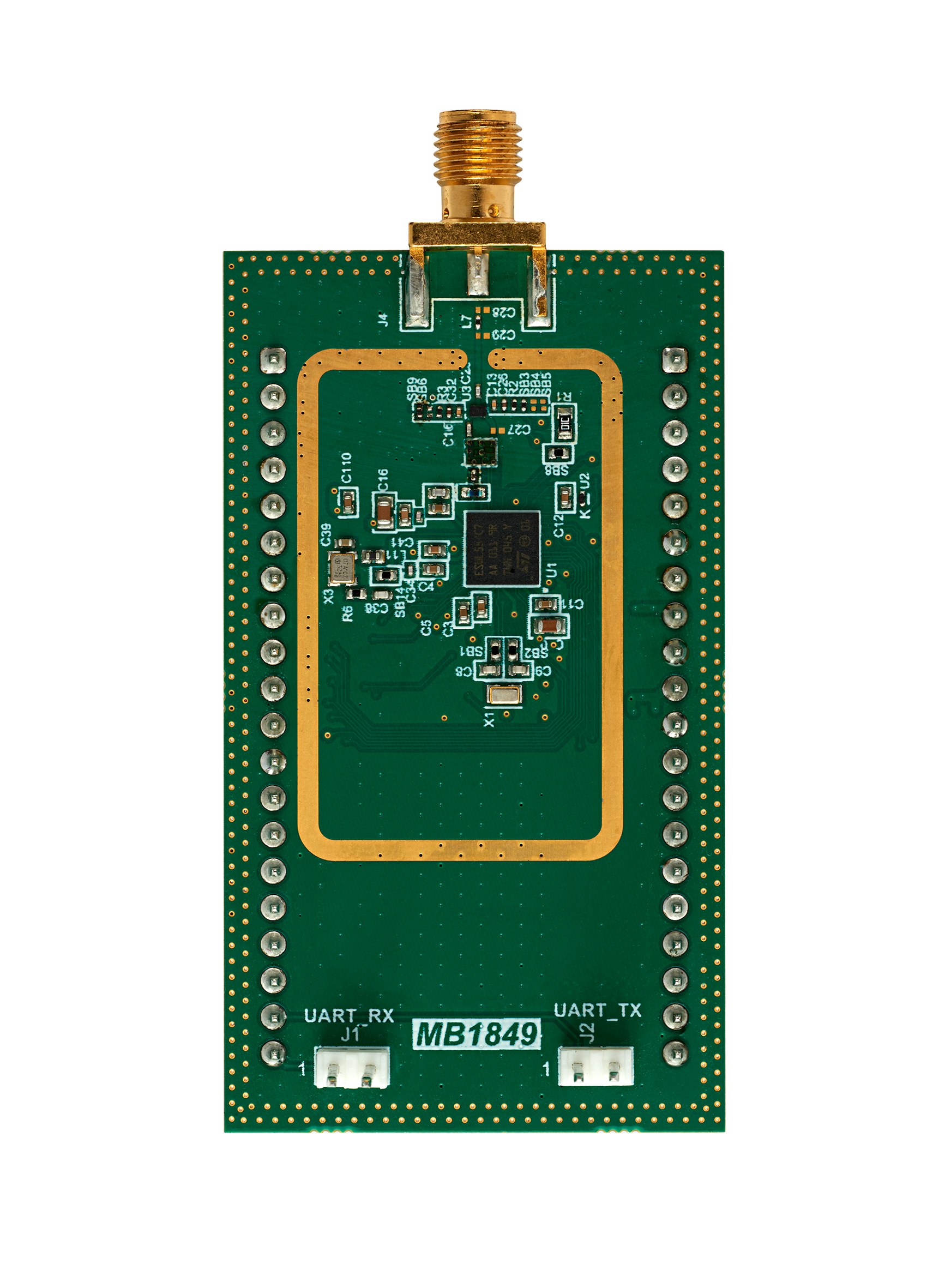 STMicroelectronics green circuit board with SMA connector and integrated chip.