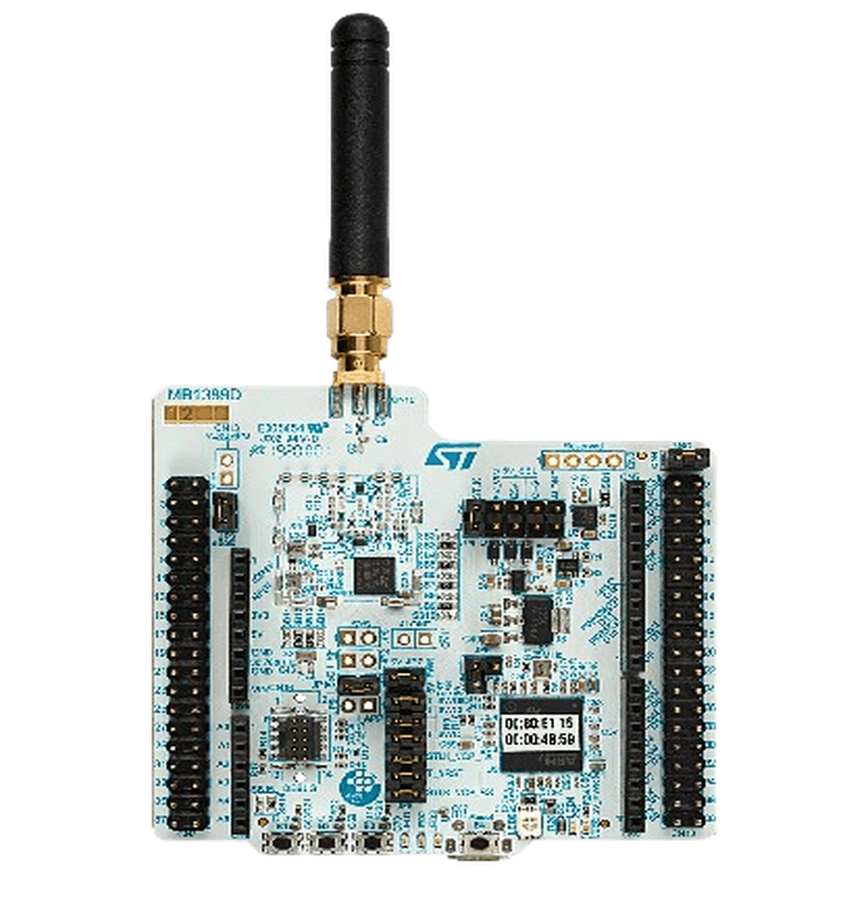 STMicroelectronics development board with antenna and multiple connectors.