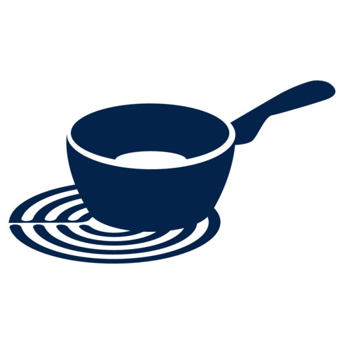  Icon of a saucepan with a handle placed on a circular stove burner. 