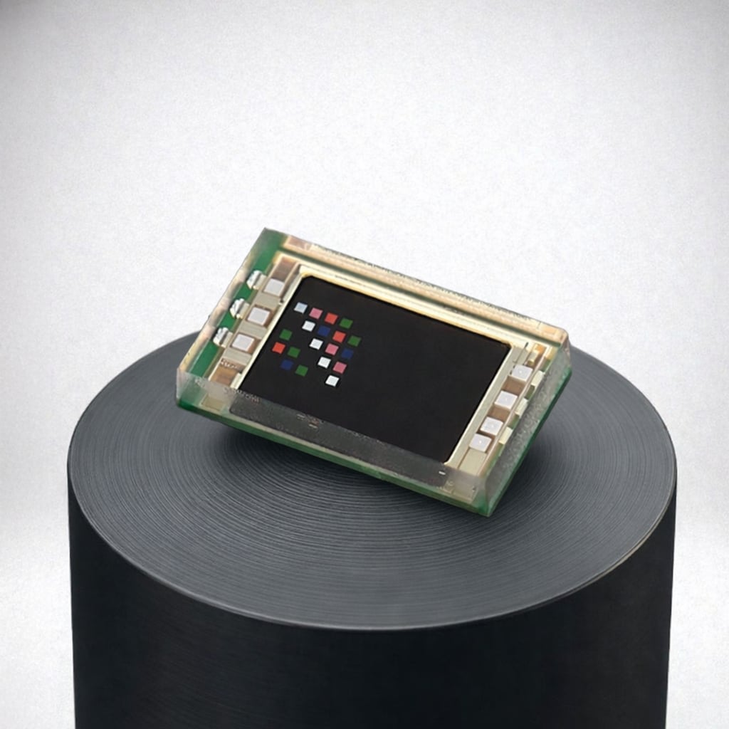  Two small electronic sensor modules, one with a colorful display and the other showing contact points. 