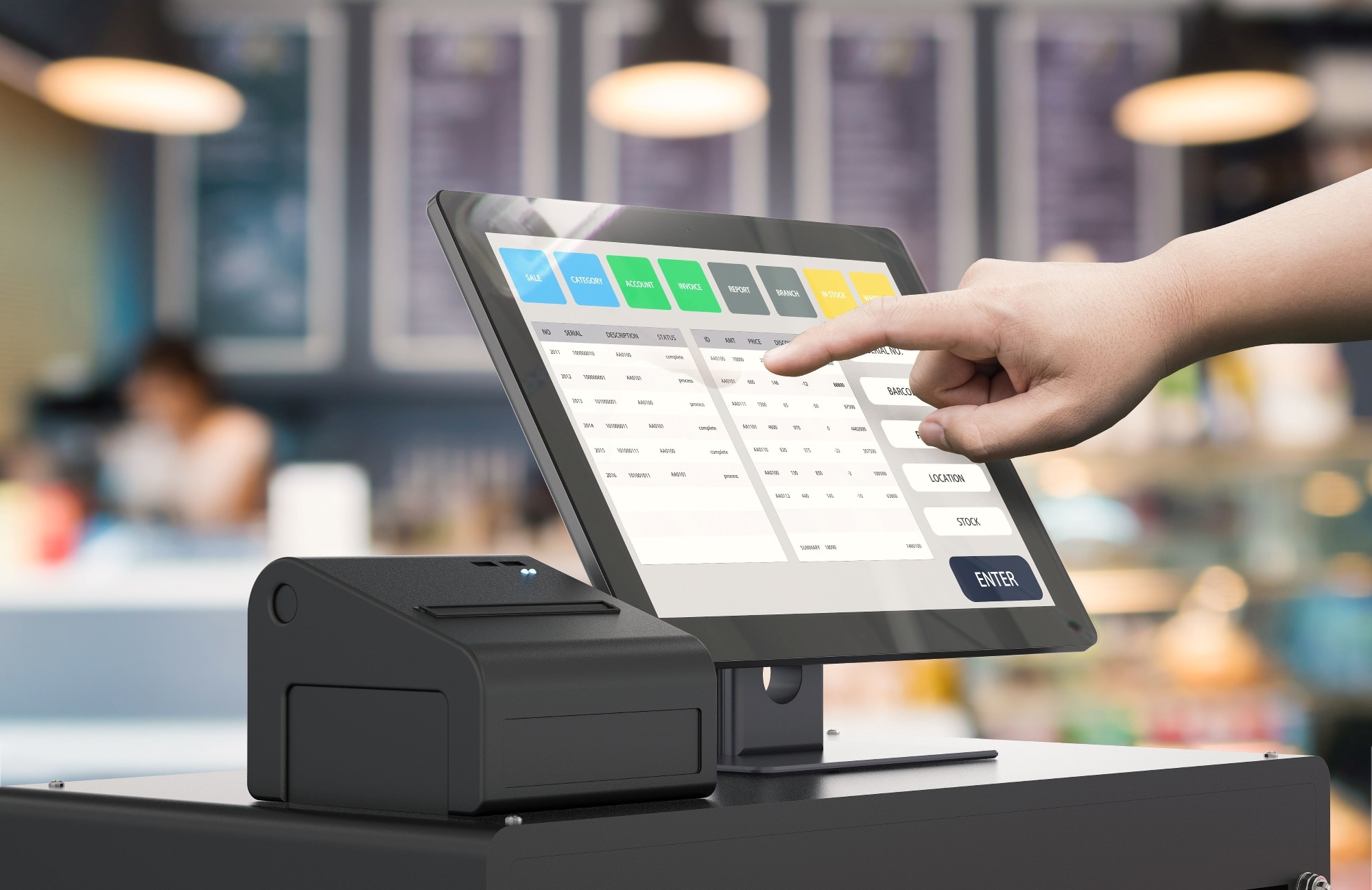 A person using a touchscreen point-of-sale (POS) system.