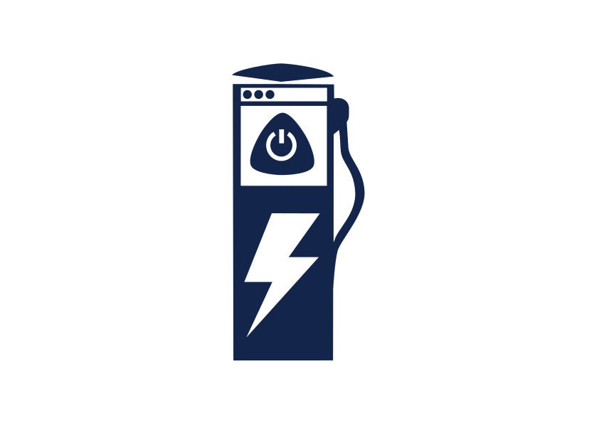 A dark blue icon of an electric vehicle charging station with a lightning bolt symbol. 