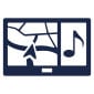  A dark blue icon of a car dashboard screen showing a navigation map and a music note 