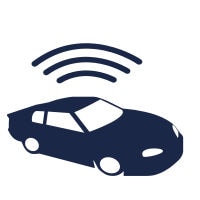 A dark blue car icon with wireless signal waves above it 