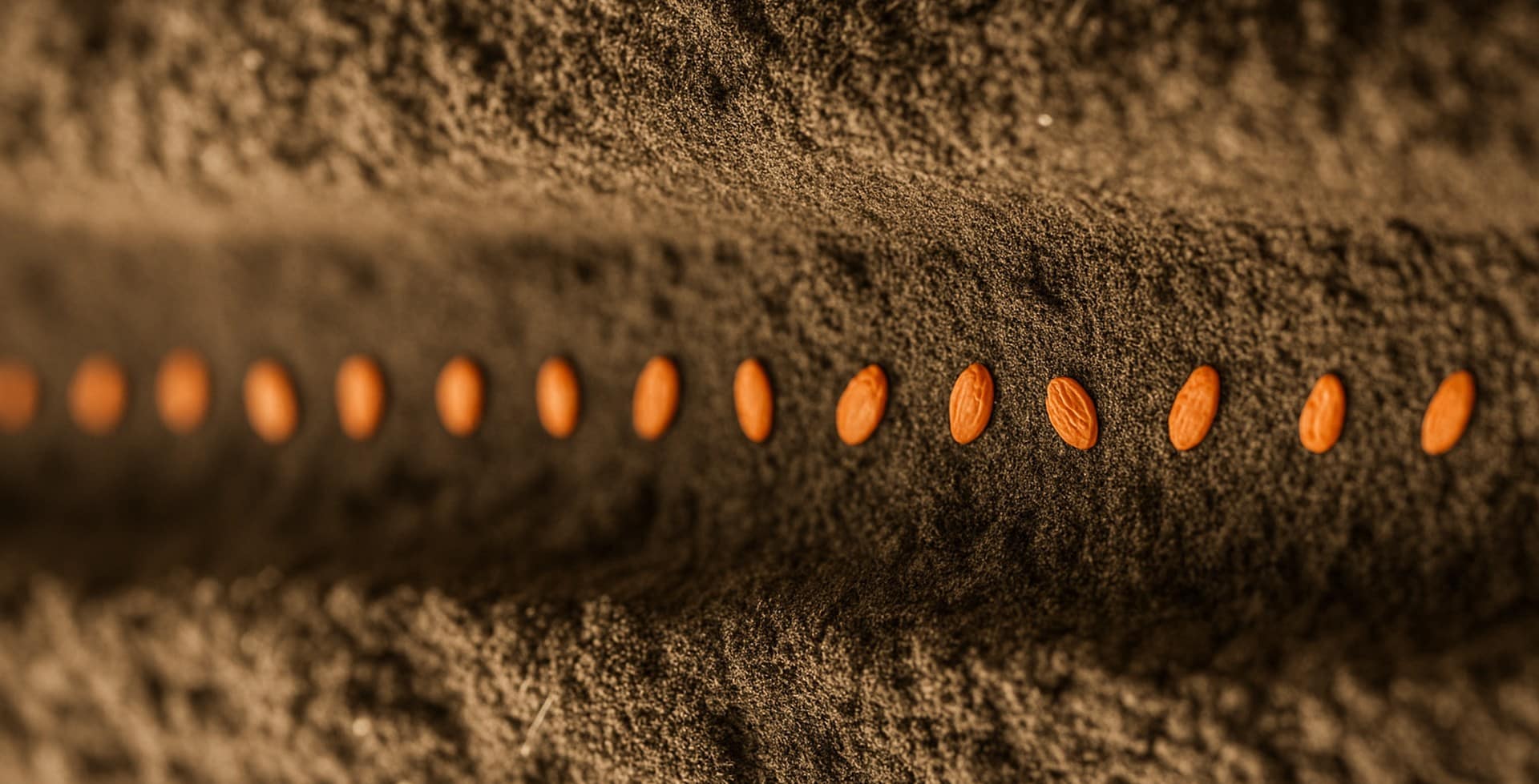 Seeds evenly spaced in a soil furrow, one seed at each position