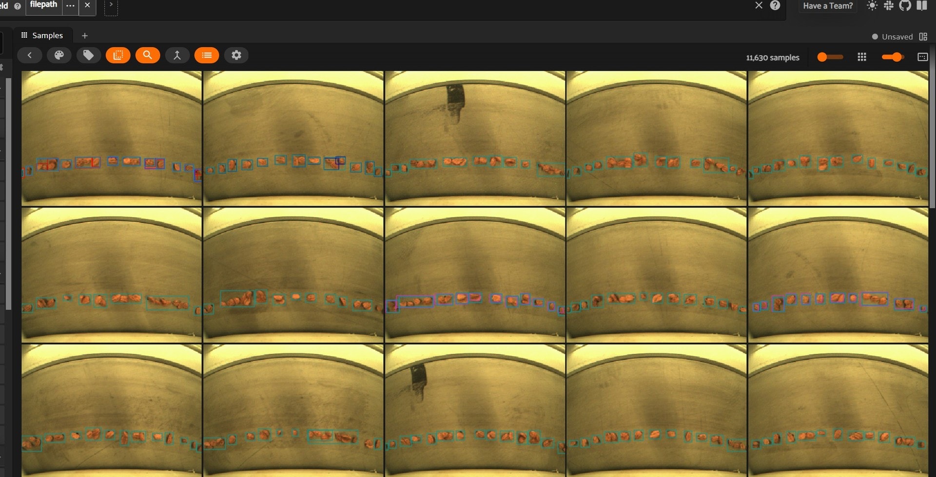 Dataset tool showing seeding disc images with labeled and predicted seed positions