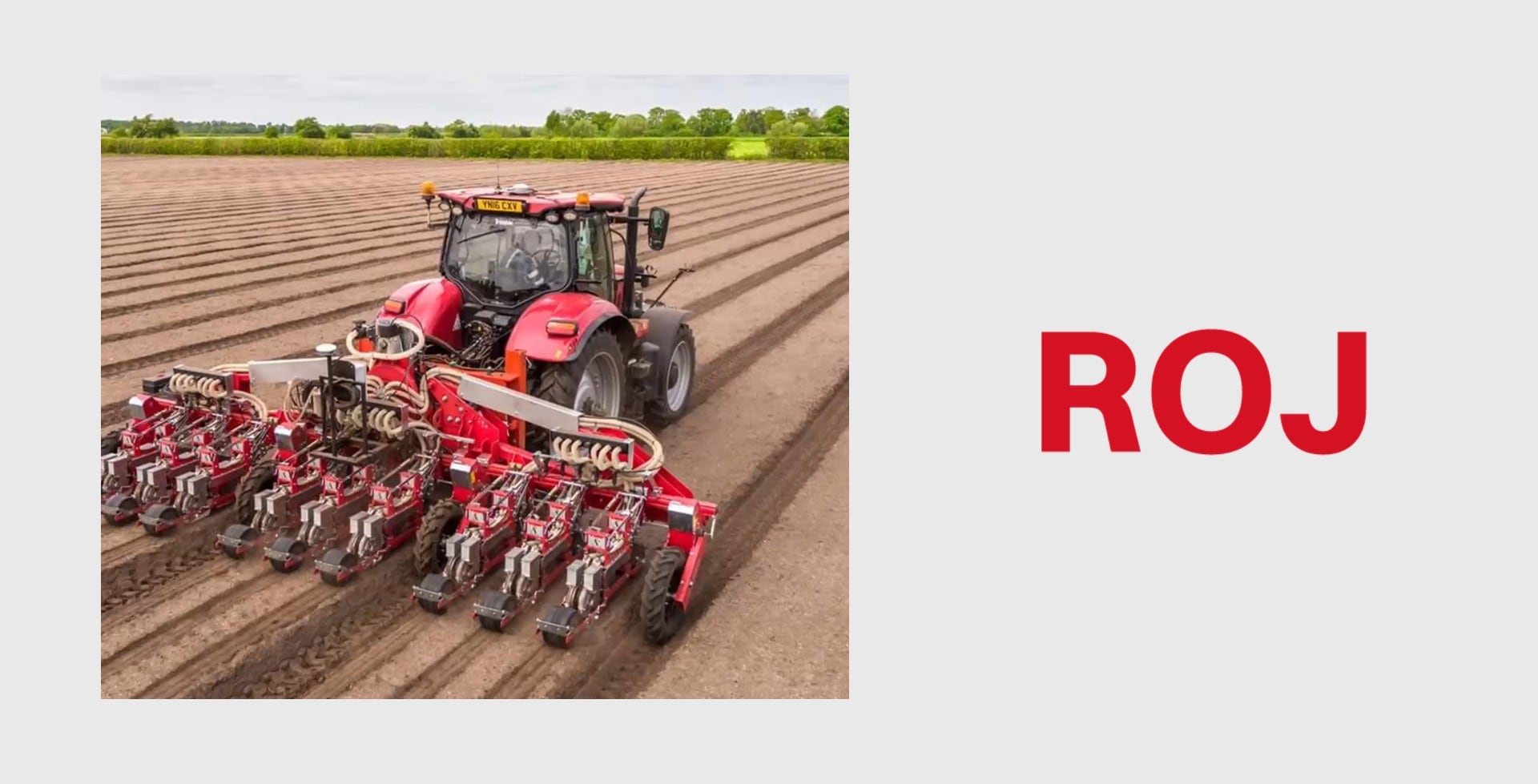 Precision seed planter working in a field, next to the ROJ logo