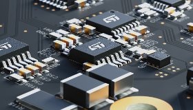 Closeup of industrial drive circuit showing ST semiconductor components