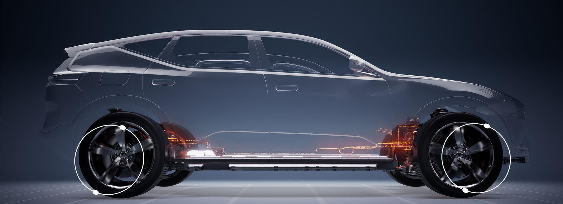 Rendering of a transparent electric vehicle showing power train inside