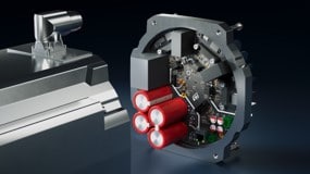 Photorealistic CAD explosion showing servo drive section detached from high power industrial motor