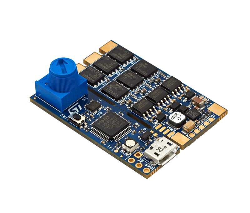 Compact STMicroelectronics discovery kit board with blue connector and USB port.