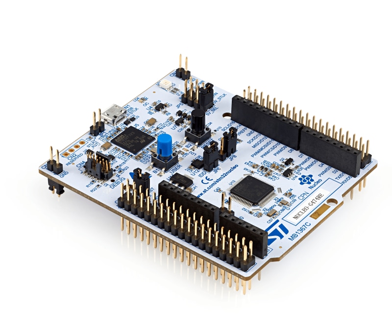 STMicroelectronics blue Nucleo development board with STM32 microcontroller and pin headers. 